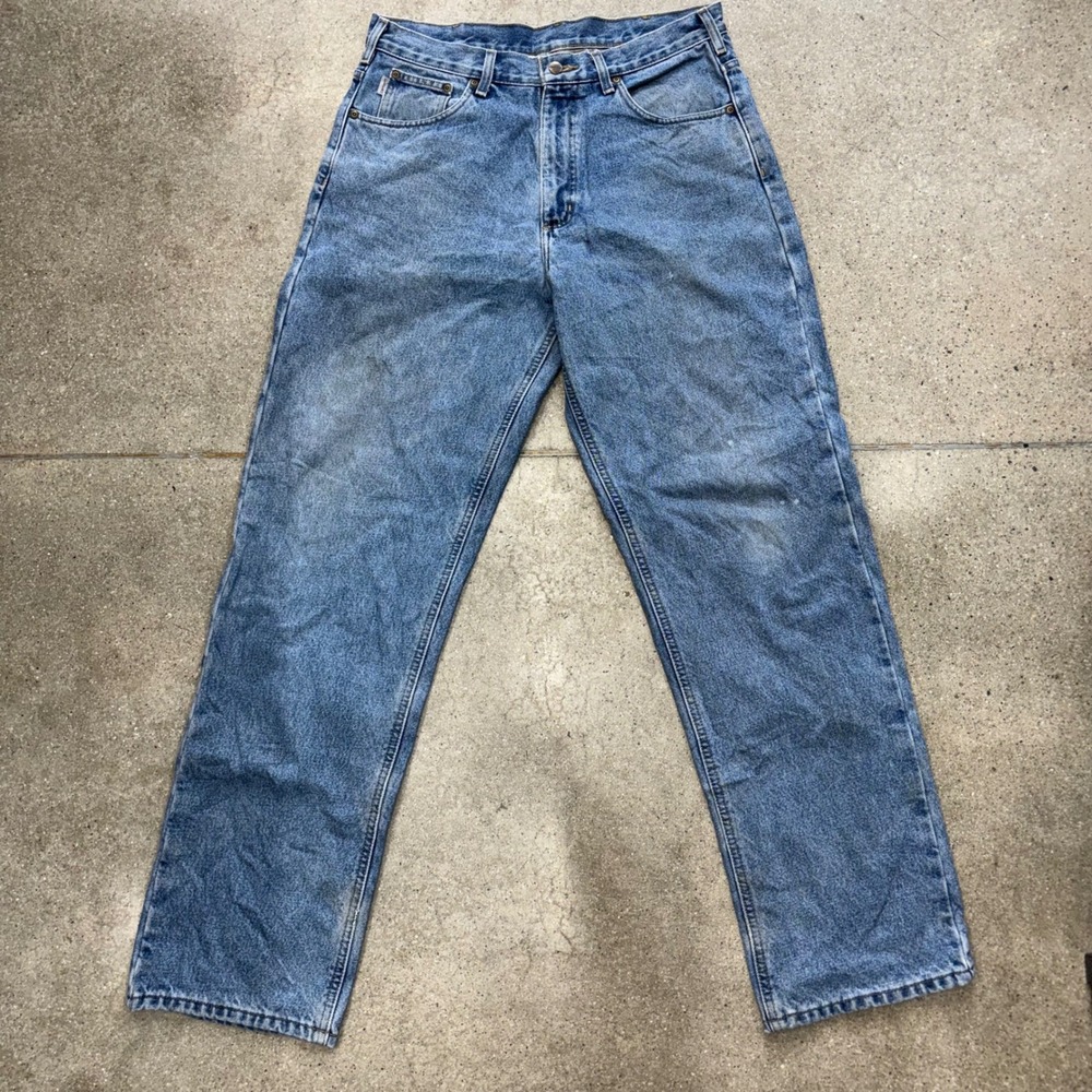 Carhartt Mens 34x34 Jeans Flannel Lined Relaxed Blue Stonewashed Grungy Denim